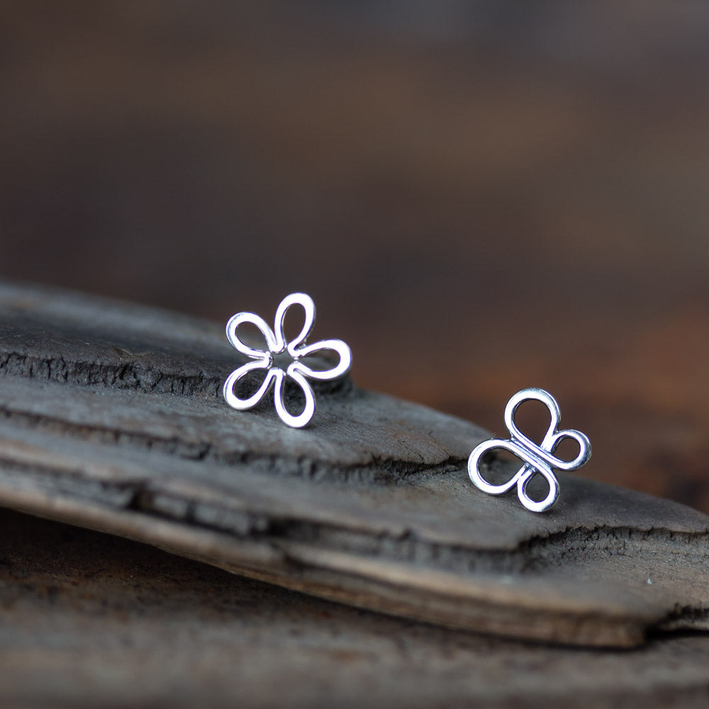 Small Mismatched Boho Studs - Silver Wire Flower and Butterfly Outlines - CookOnStrike