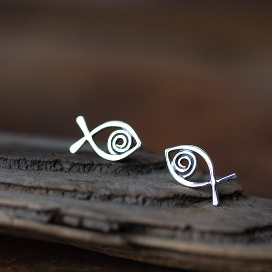 Simple Fish Stud Earrings, Sterling Silver Wire Outline with a Spiral Inside - CookOnStrike