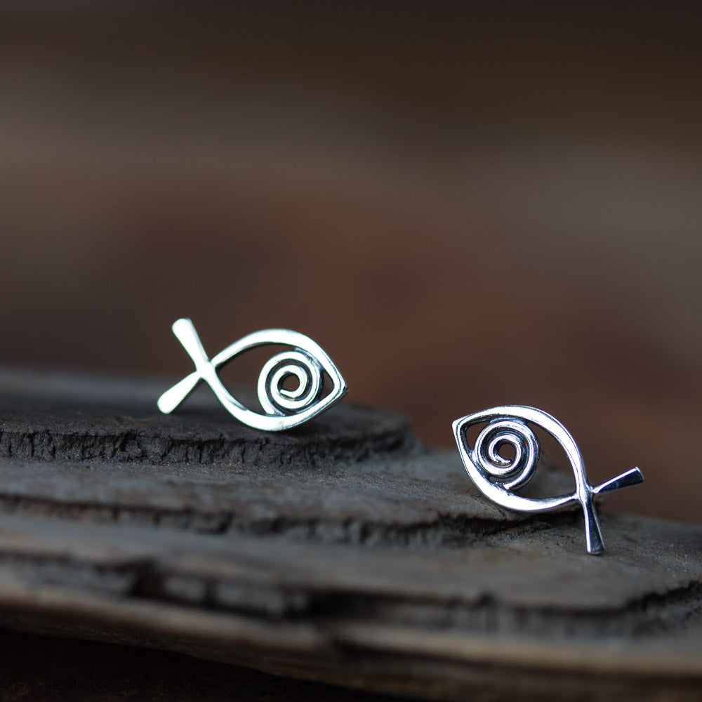 Simple Fish Stud Earrings, Sterling Silver Wire Outline with a Spiral Inside - CookOnStrike
