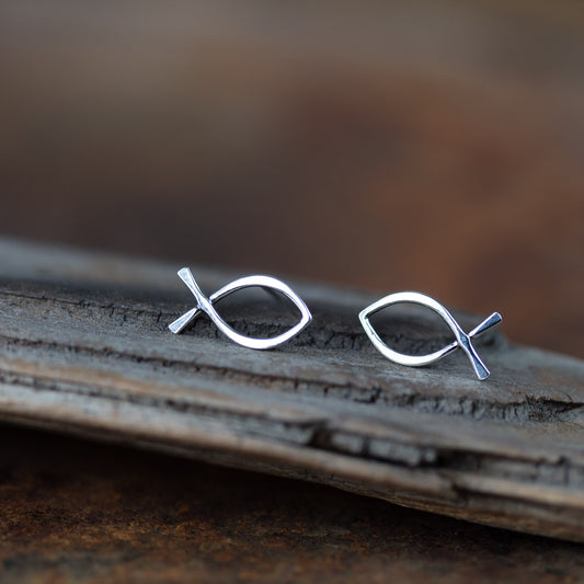 Large Fish Stud Earrings, Minimalist Silver Wire Outline Ichthus Symbol - CookOnStrike