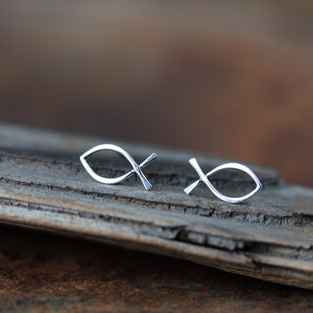 Large Fish Stud Earrings, Minimalist Silver Wire Outline Ichthus Symbol - CookOnStrike