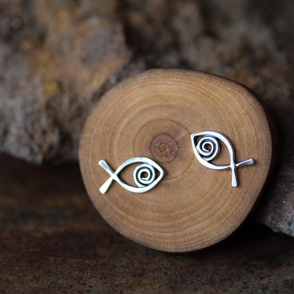 Simple Fish Stud Earrings, Sterling Silver Wire Outline with a Spiral Inside - CookOnStrike