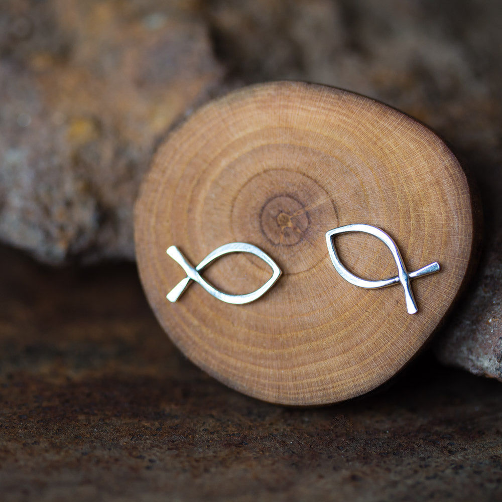 Large Fish Stud Earrings, Minimalist Silver Wire Outline Ichthus Symbol - CookOnStrike