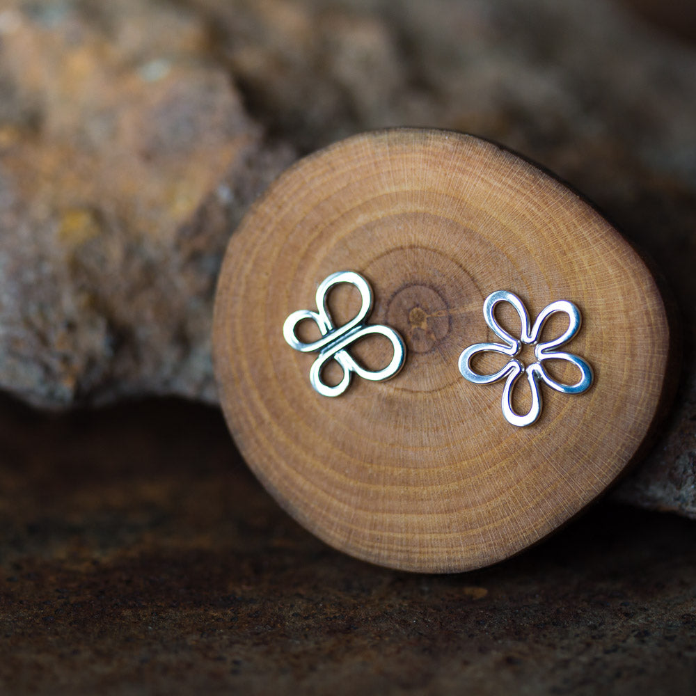 Small Mismatched Boho Studs - Silver Wire Flower and Butterfly Outlines - CookOnStrike