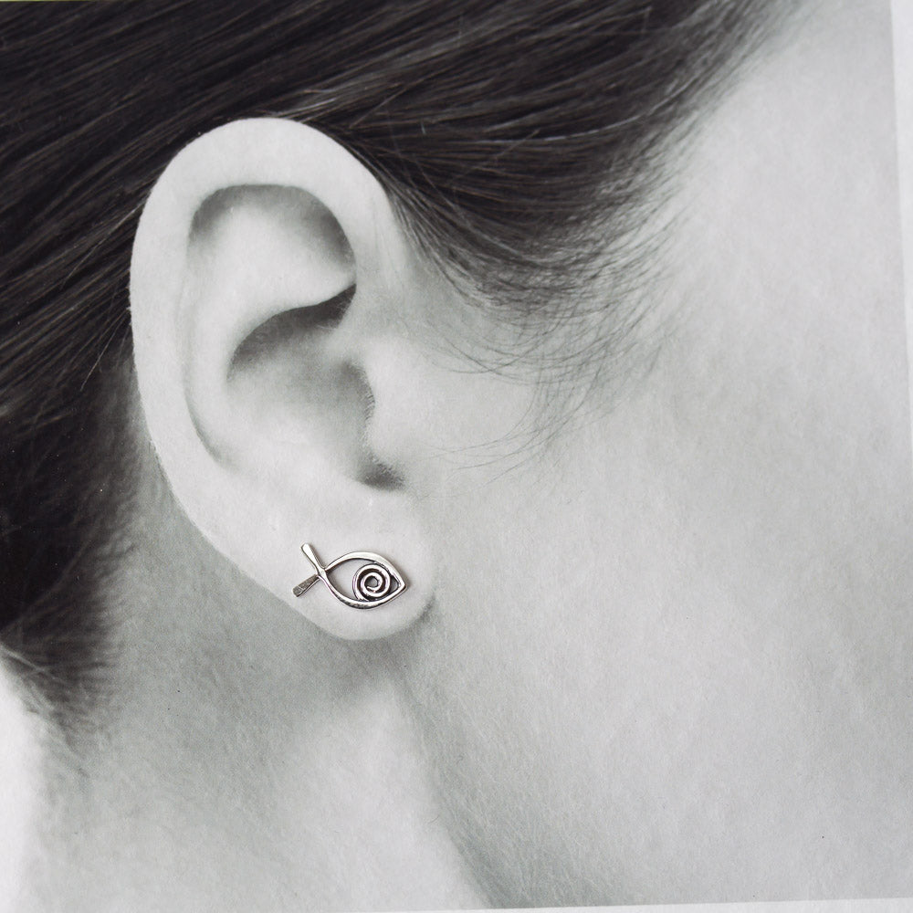 Simple Fish Stud Earrings, Sterling Silver Wire Outline with a Spiral Inside - CookOnStrike
