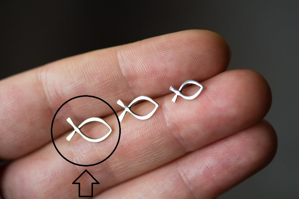 Large Fish Stud Earrings, Minimalist Silver Wire Outline Ichthus Symbol - CookOnStrike