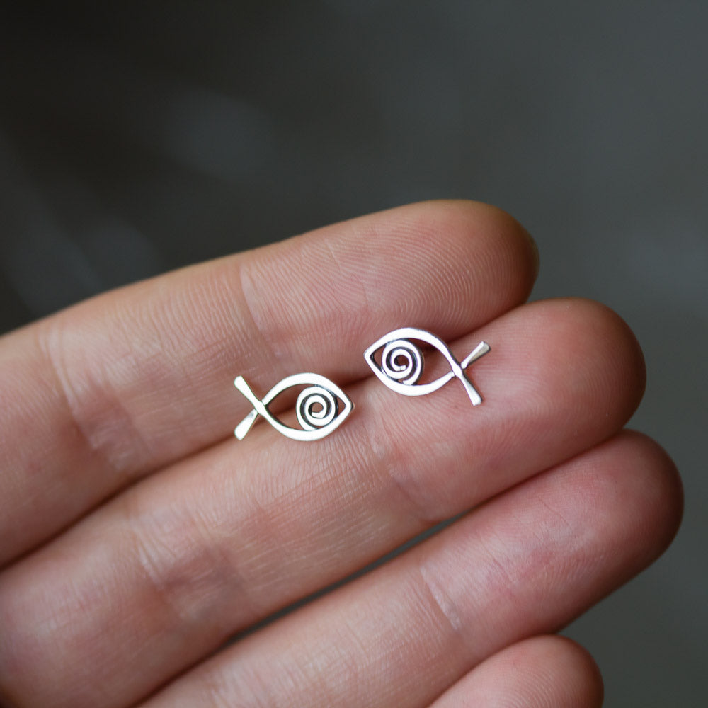 Simple Fish Stud Earrings, Sterling Silver Wire Outline with a Spiral Inside - CookOnStrike