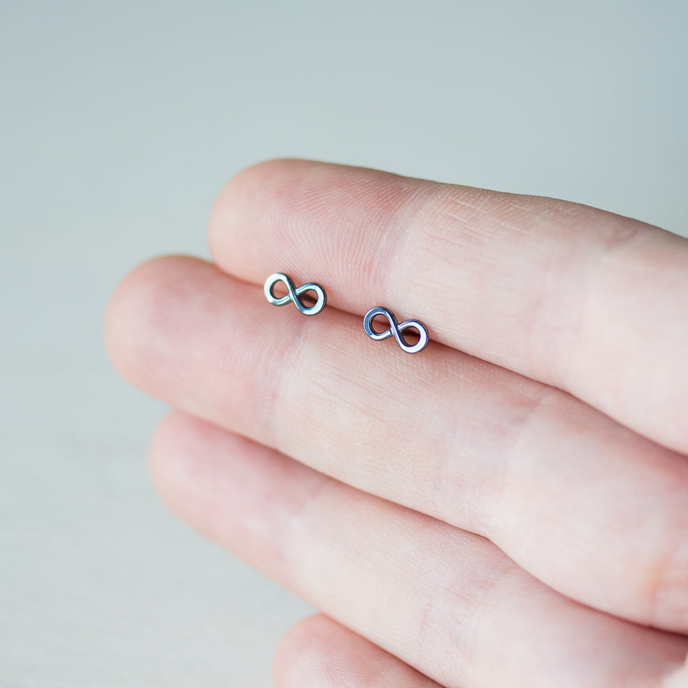 Tiny Black Infinity Stud Earrings, Oxidized Sterling Silver - CookOnStrike