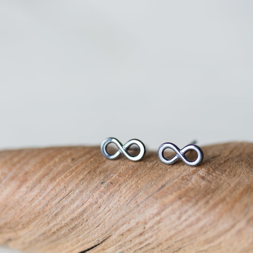 Tiny Black Infinity Stud Earrings, Oxidized Sterling Silver - CookOnStrike