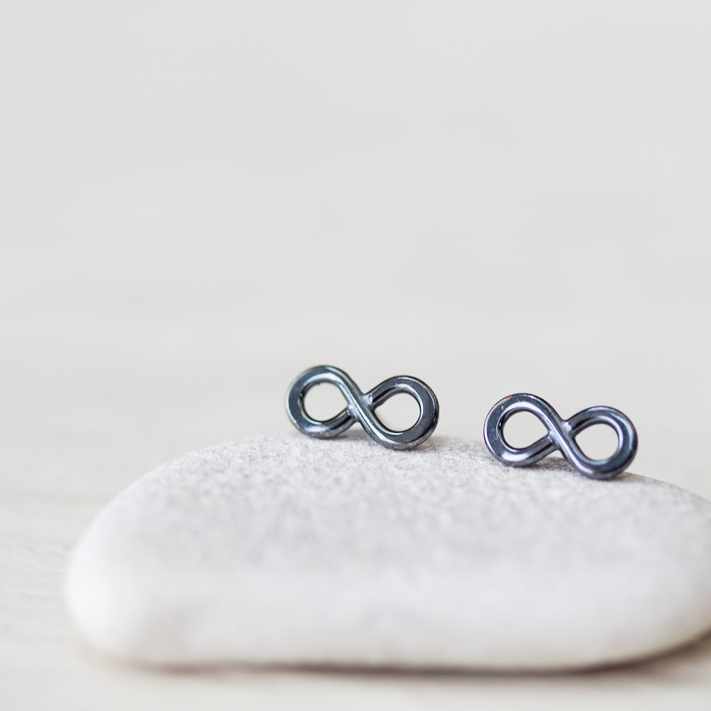 Tiny Black Infinity Stud Earrings, Oxidized Sterling Silver - CookOnStrike