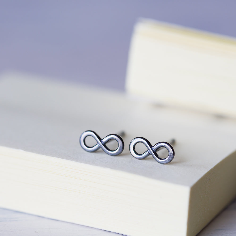 Tiny Black Infinity Stud Earrings, Oxidized Sterling Silver - CookOnStrike