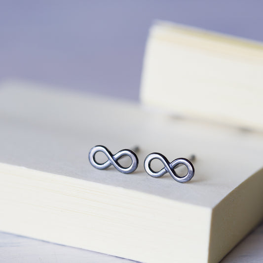 Tiny Black Infinity Stud Earrings, Oxidized Sterling Silver - CookOnStrike