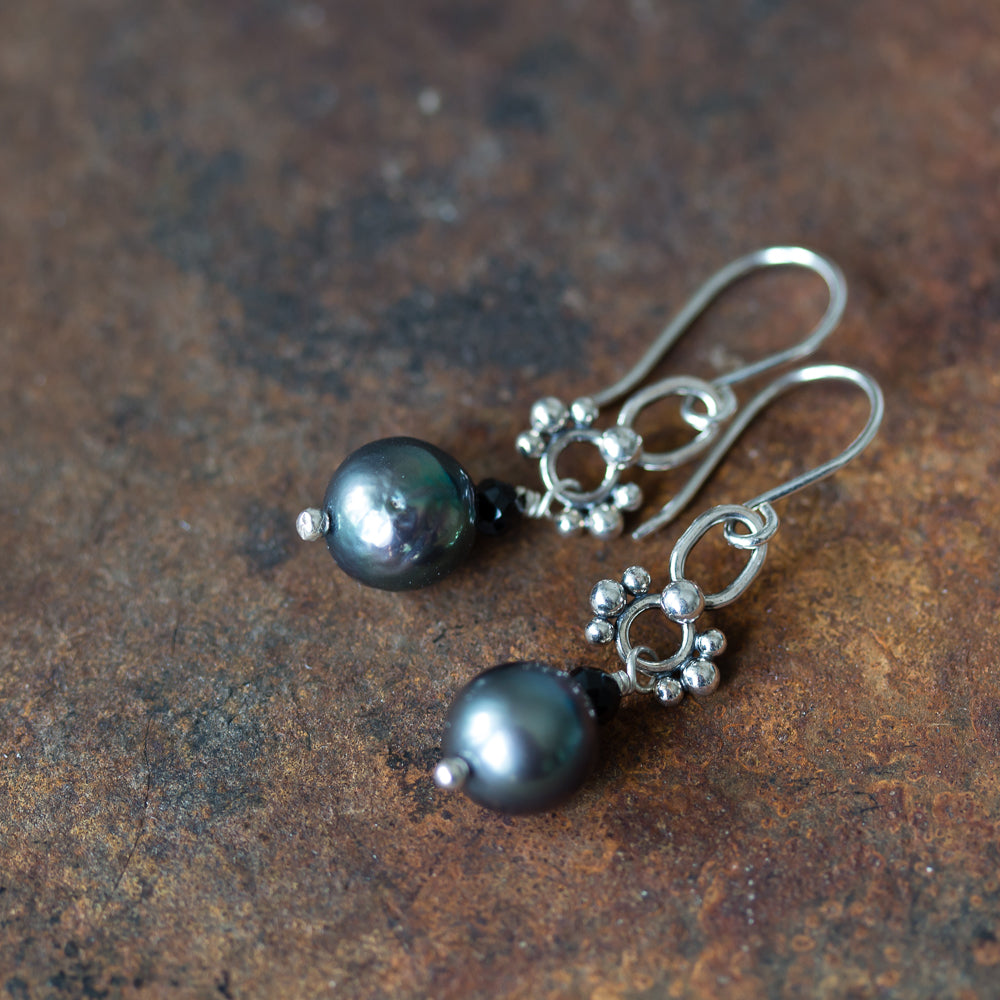 Short Black Pearl Earrings, Natural Peacock Black Freshwater Pearl Silver Dangle - CookOnStrike