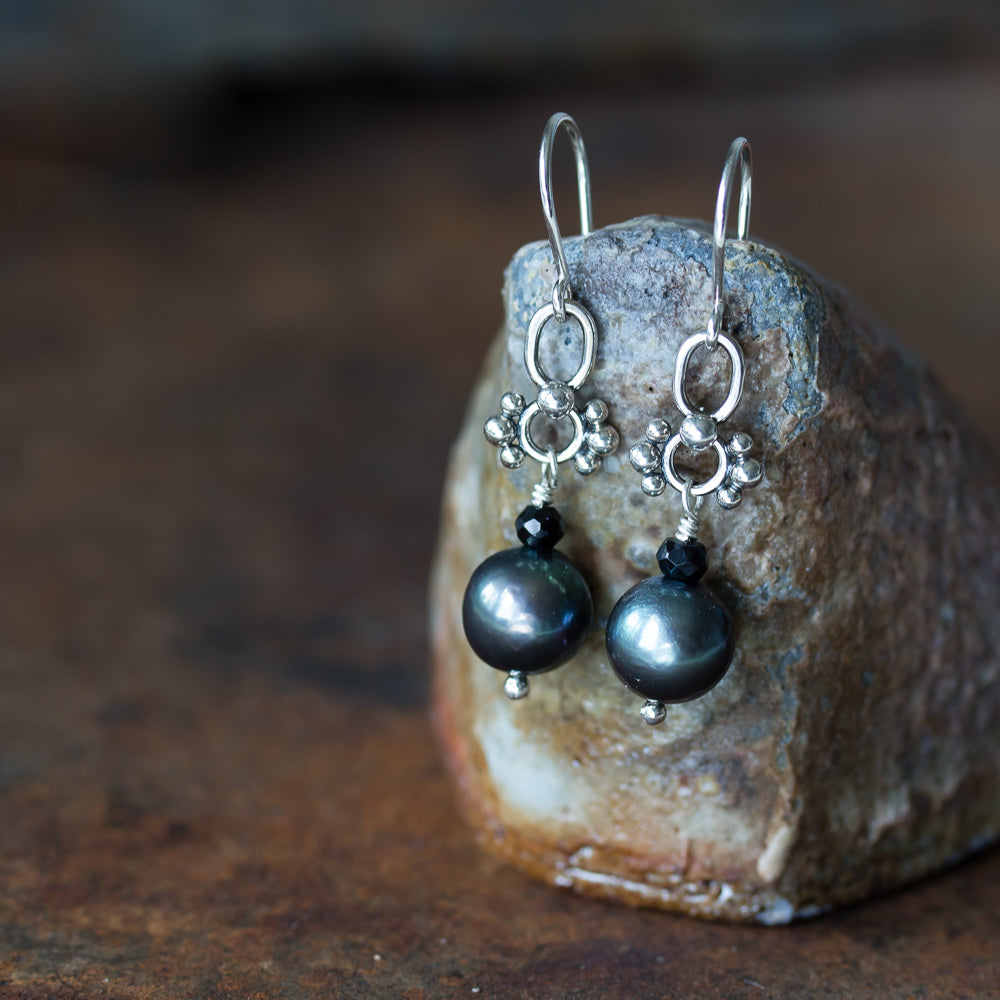 Short Black Pearl Earrings, Natural Peacock Black Freshwater Pearl Silver Dangle - CookOnStrike