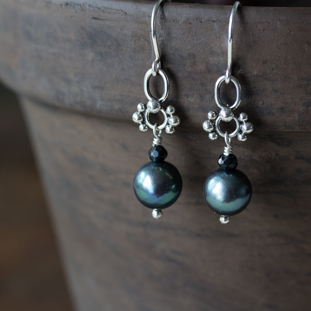 Short Black Pearl Earrings, Natural Peacock Black Freshwater Pearl Silver Dangle - CookOnStrike