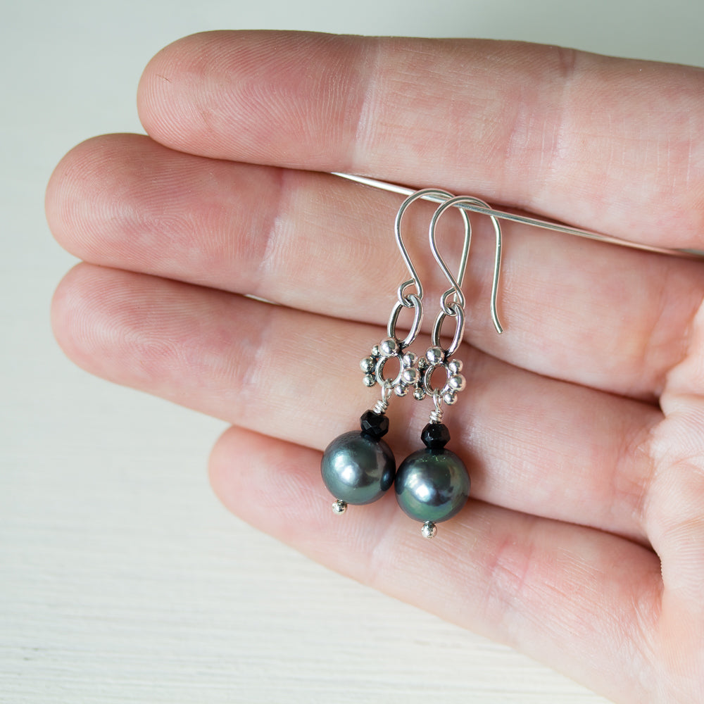 Short Black Pearl Earrings, Natural Peacock Black Freshwater Pearl Silver Dangle - CookOnStrike