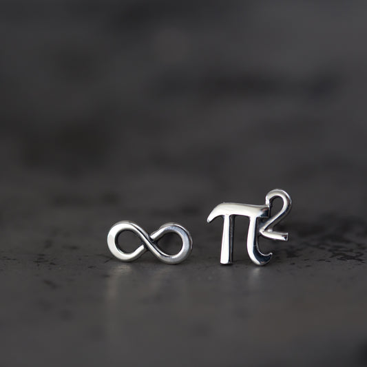Mismatched Stud Earring Set, Tiny Pi (π) Squared and Infinity Symbol - CookOnStrike