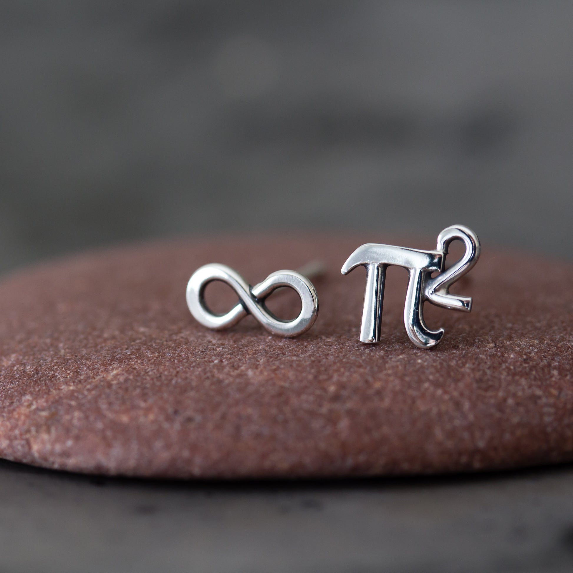 Mismatched Stud Earring Set, Tiny Pi (π) Squared and Infinity Symbol - CookOnStrike
