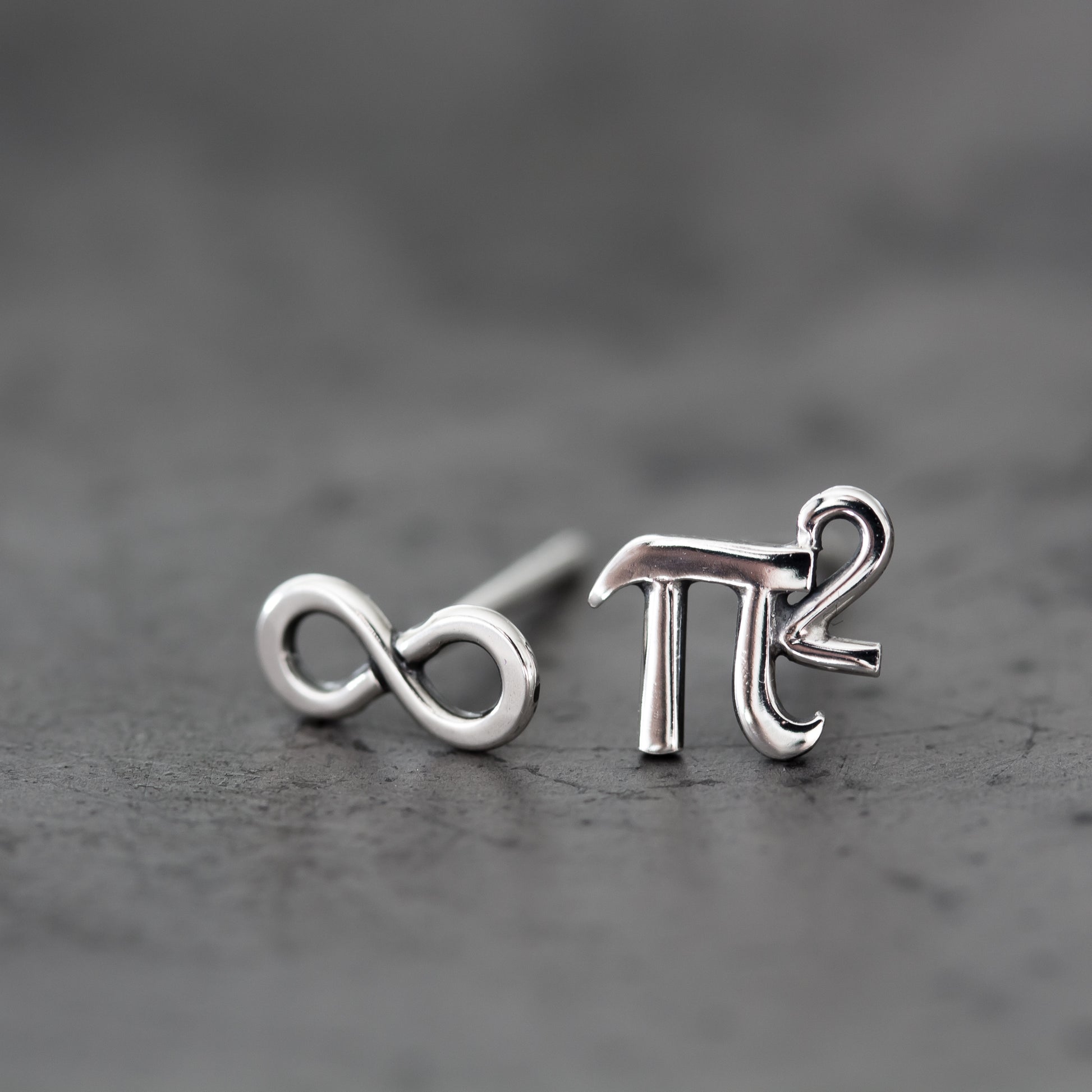 Mismatched Stud Earring Set, Tiny Pi (π) Squared and Infinity Symbol - CookOnStrike