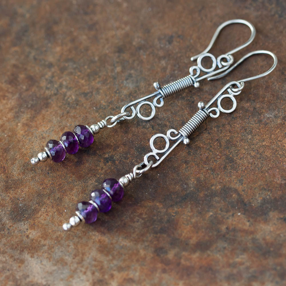 Long Amethyst Earrings, Wire Wrapped Gemstone, Sterling Silver - jewelry by CookOnStrike