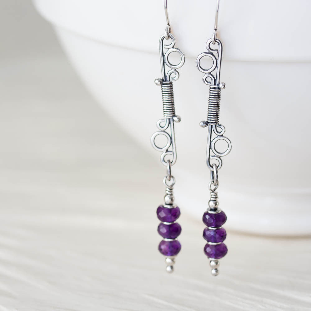 Long Amethyst Earrings, Wire Wrapped Gemstone, Sterling Silver - jewelry by CookOnStrike