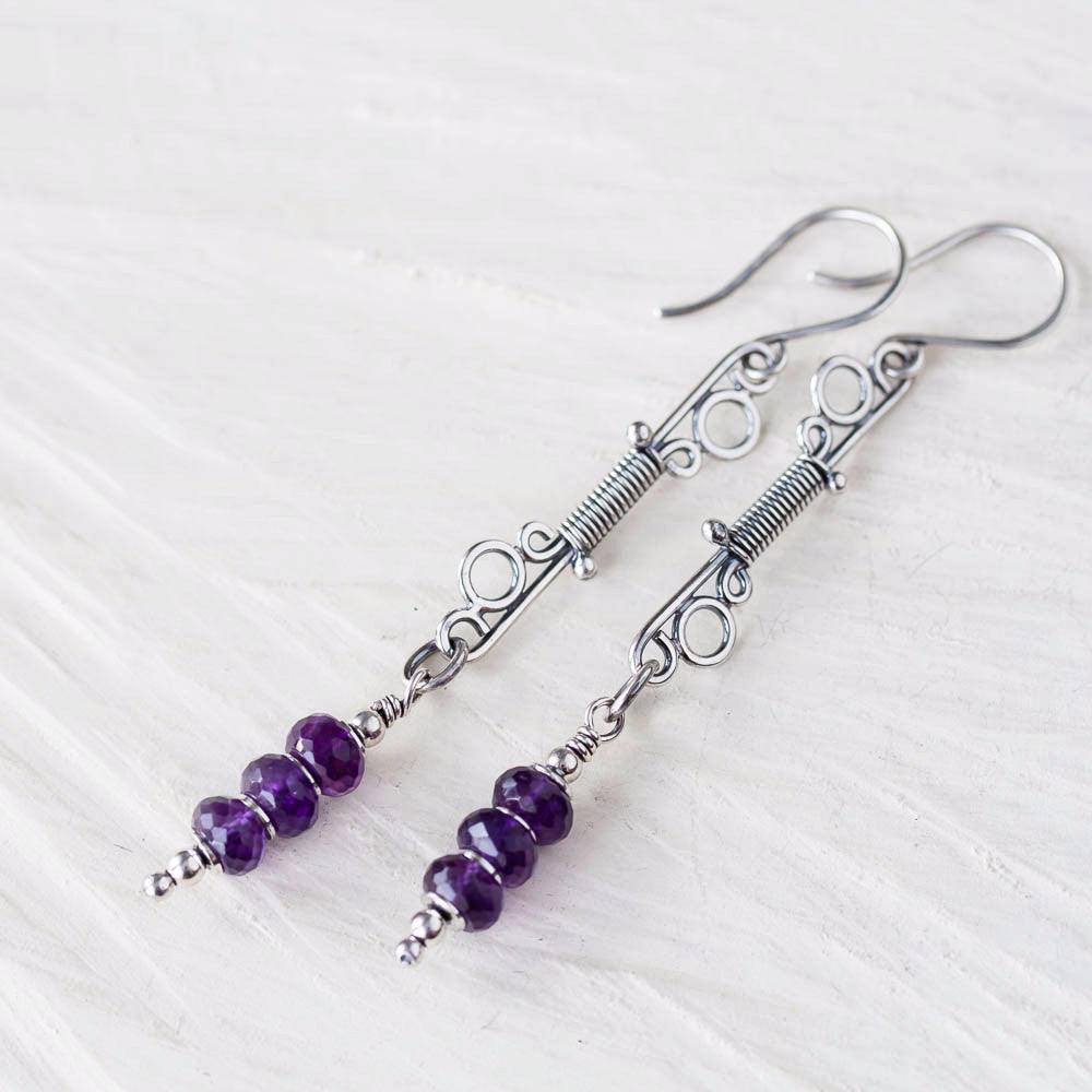 Long Amethyst Earrings, Wire Wrapped Gemstone, Sterling Silver - jewelry by CookOnStrike