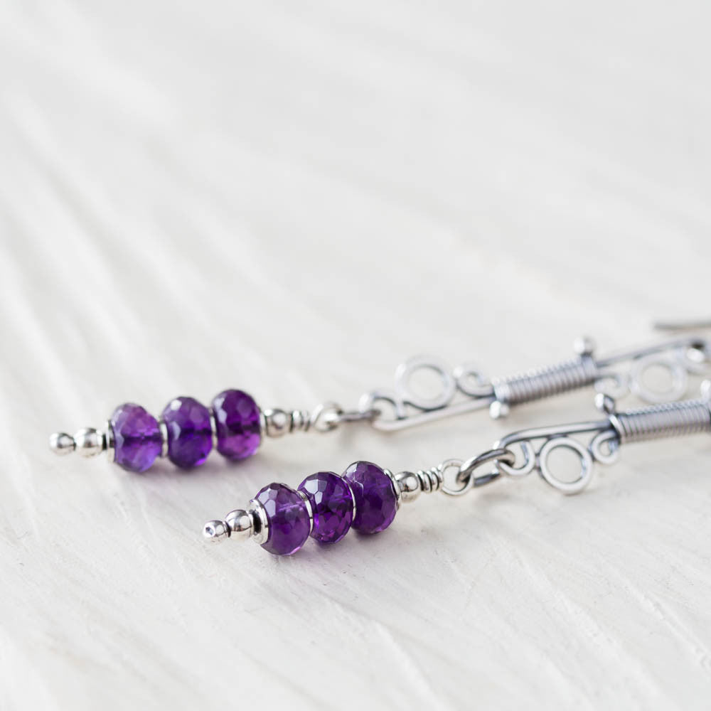 Long Amethyst Earrings, Wire Wrapped Gemstone, Sterling Silver - jewelry by CookOnStrike