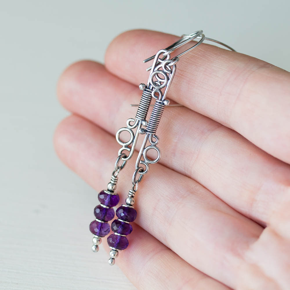Long Amethyst Earrings, Wire Wrapped Gemstone, Sterling Silver - jewelry by CookOnStrike