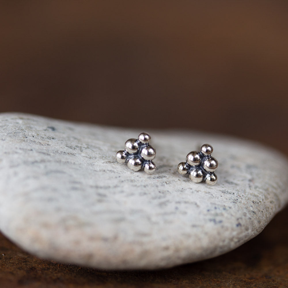 Small Triangle Stud Earrings, Sterling Silver Ball Cluster - jewelry by CookOnStrike