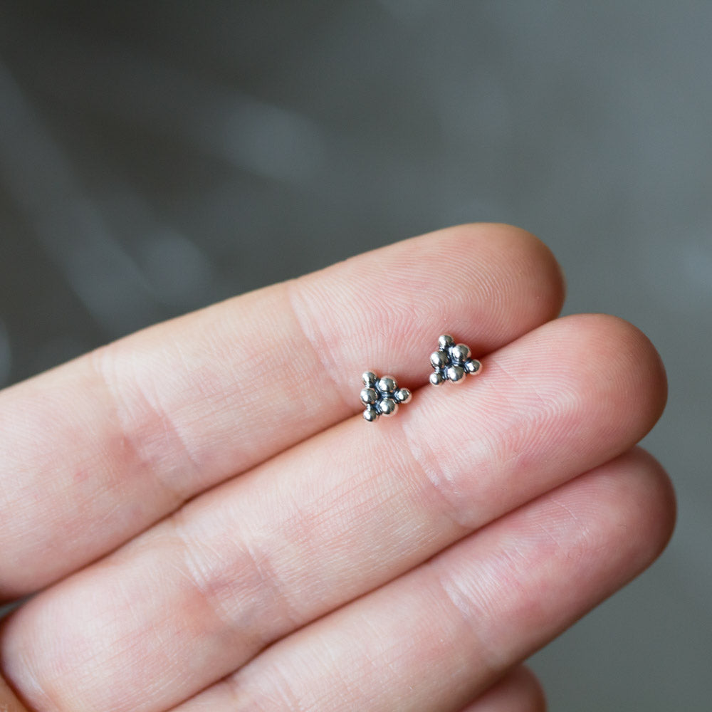 Small Triangle Stud Earrings, Sterling Silver Ball Cluster - jewelry by CookOnStrike