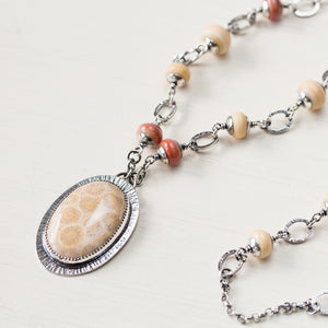 Agatized Fossil Coral Necklace, Pastel Floral Pattern Stone in Silver Bezel - jewelry by CookOnStrike