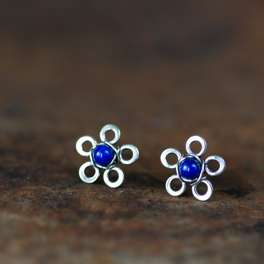 Dainty Lapis Lazuli Stud Earrings, Blue Flower - jewelry by CookOnStrike