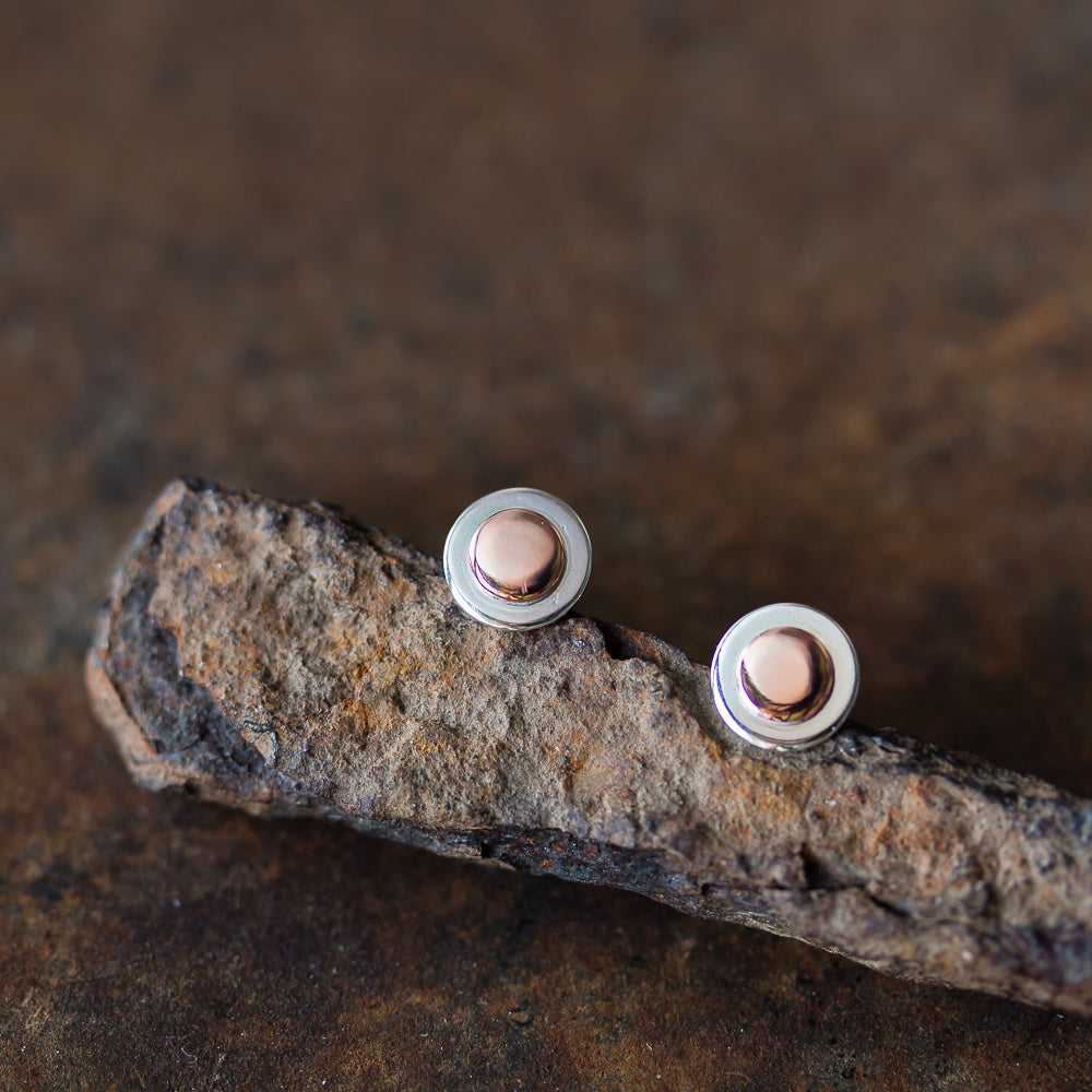 Sterling Silver and Copper Stud Earrings, Small Round Layered Disc - jewelry by CookOnStrike