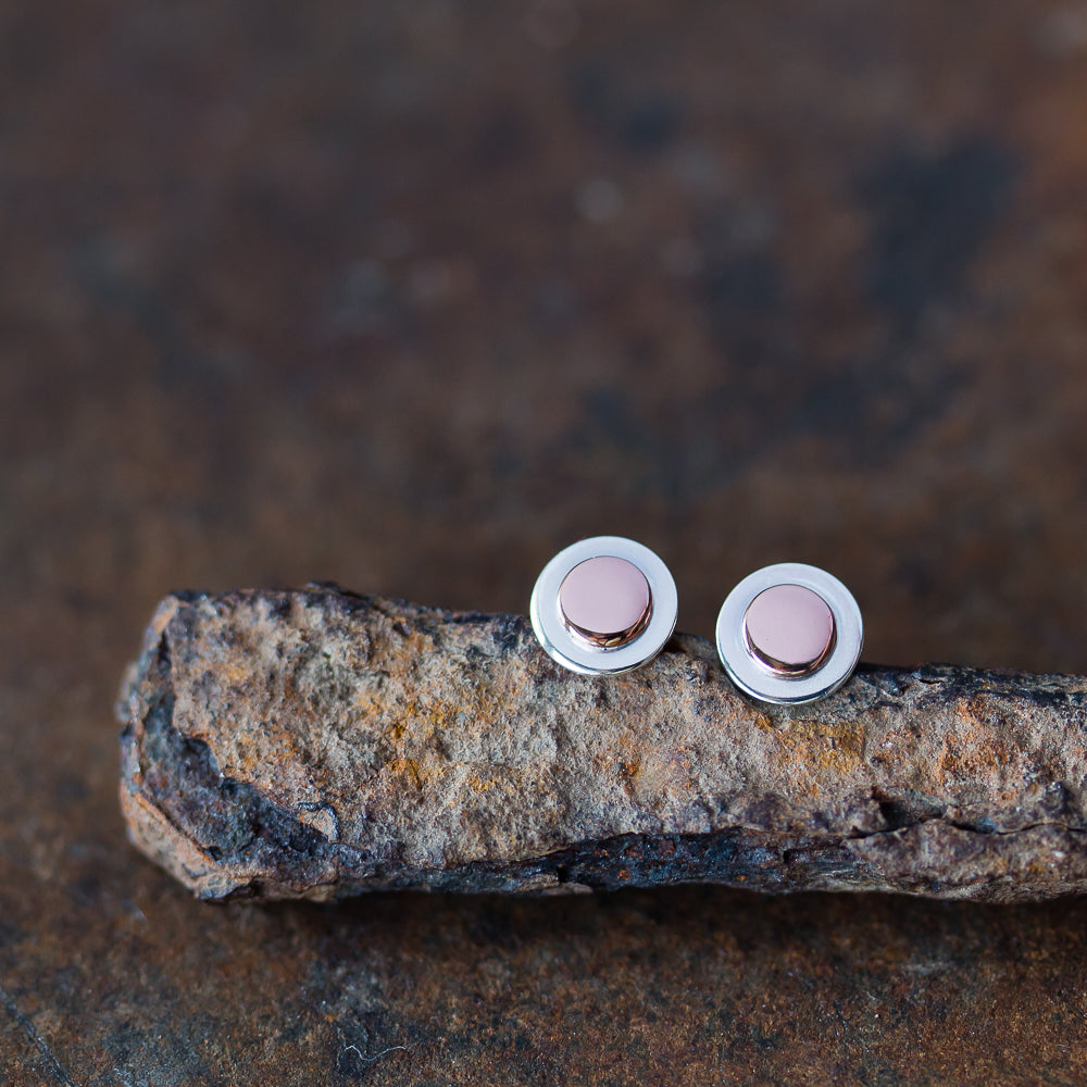 Sterling Silver and Copper Stud Earrings, Small Round Layered Disc - jewelry by CookOnStrike