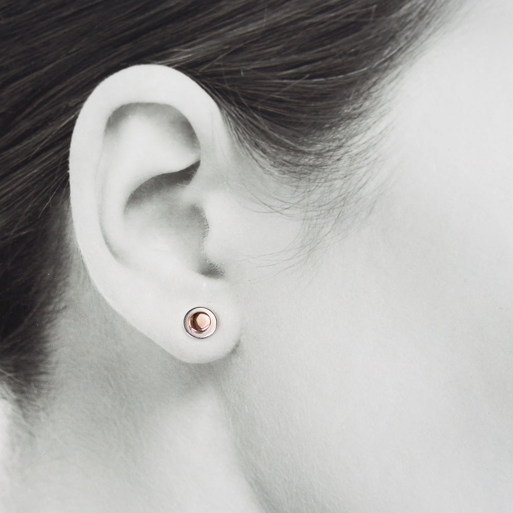 Sterling Silver and Copper Stud Earrings, Small Round Layered Disc - jewelry by CookOnStrike