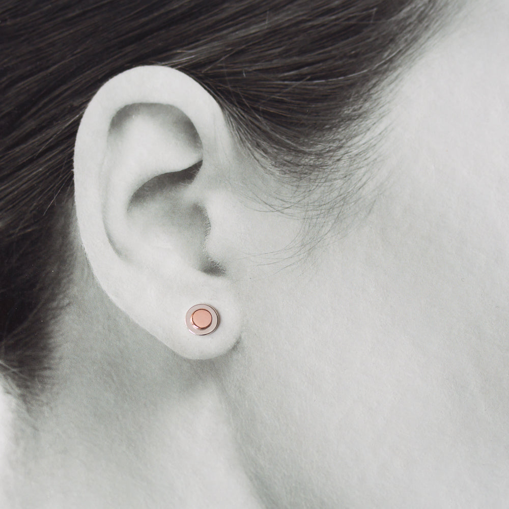 Sterling Silver and Copper Stud Earrings, Small Round Layered Disc - jewelry by CookOnStrike
