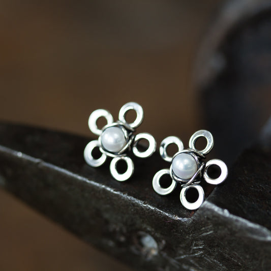 Tiny White Pearl Flower Stud Earrings - jewelry by CookOnStrike
