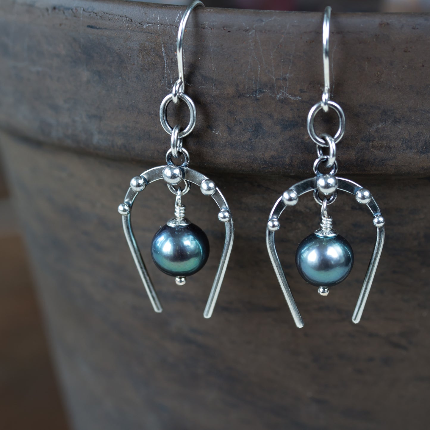 Lucky Horseshoe Earrings, oxidized sterling silver with black freshwater pearl - jewelry by CookOnStrike