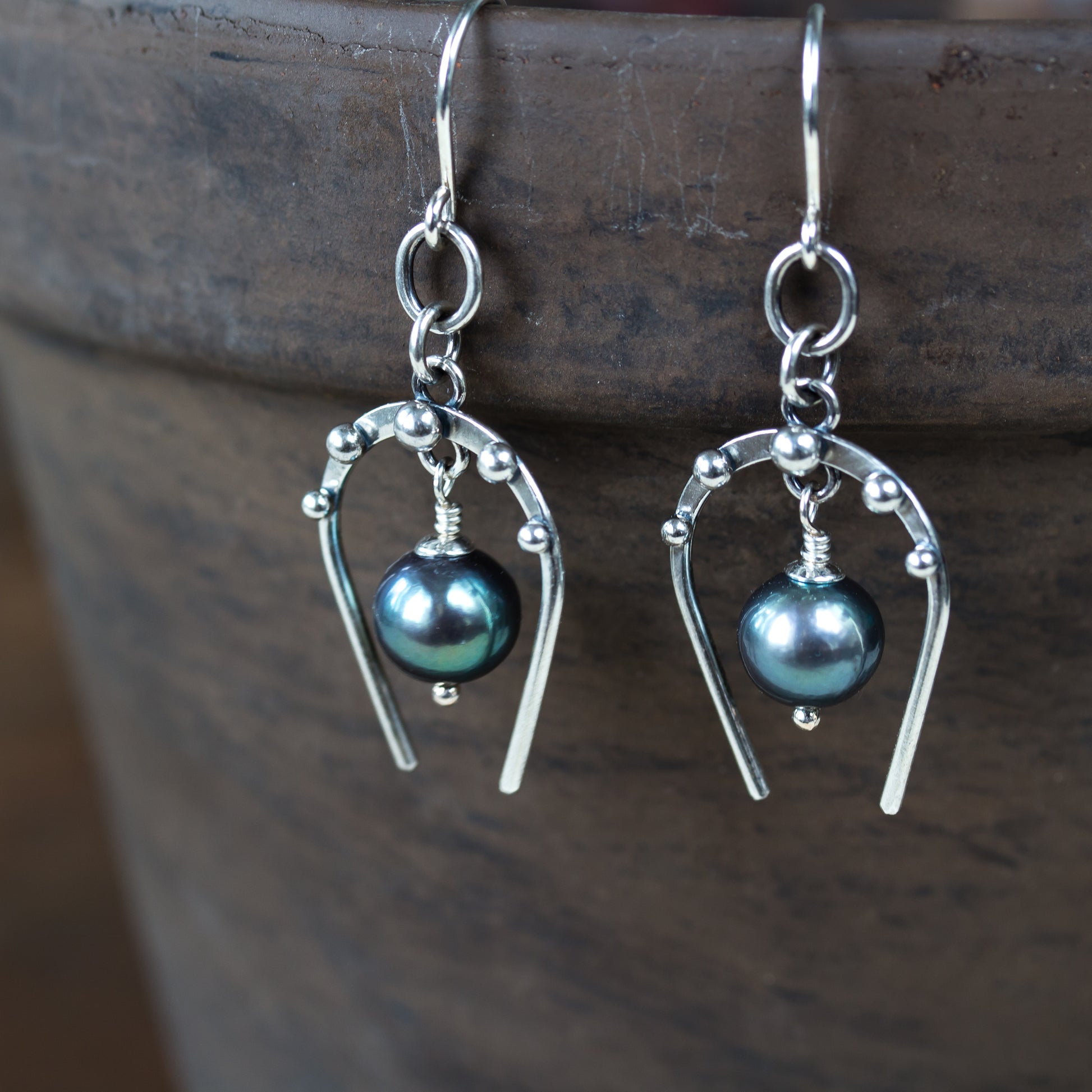Lucky Horseshoe Earrings, oxidized sterling silver with black freshwater pearl - jewelry by CookOnStrike