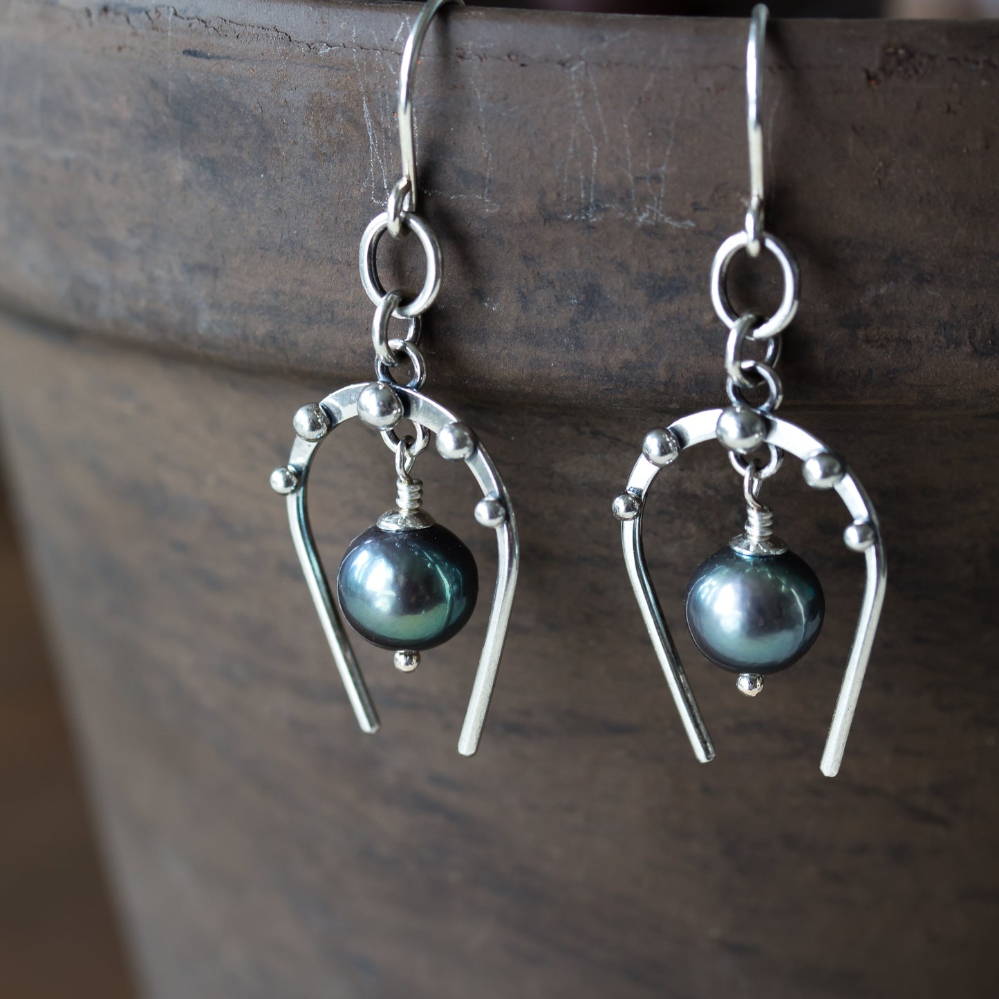 Lucky Horseshoe Earrings, oxidized sterling silver with black freshwater pearl - jewelry by CookOnStrike