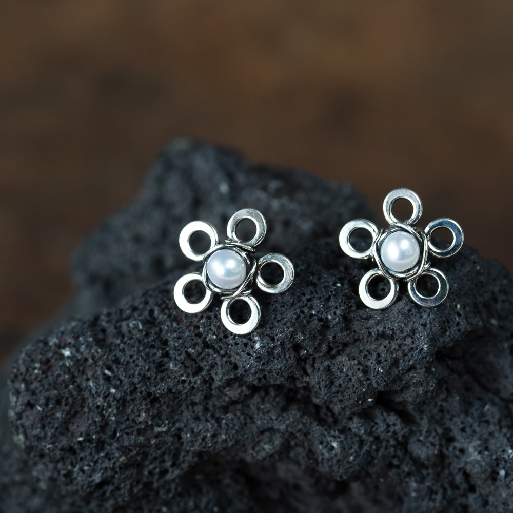 Tiny White Pearl Flower Stud Earrings - jewelry by CookOnStrike