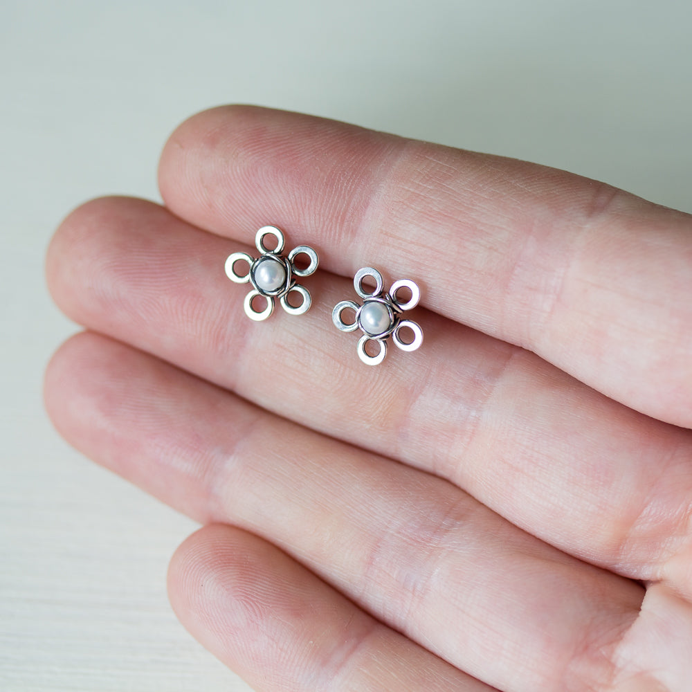 Tiny White Pearl Flower Stud Earrings - jewelry by CookOnStrike