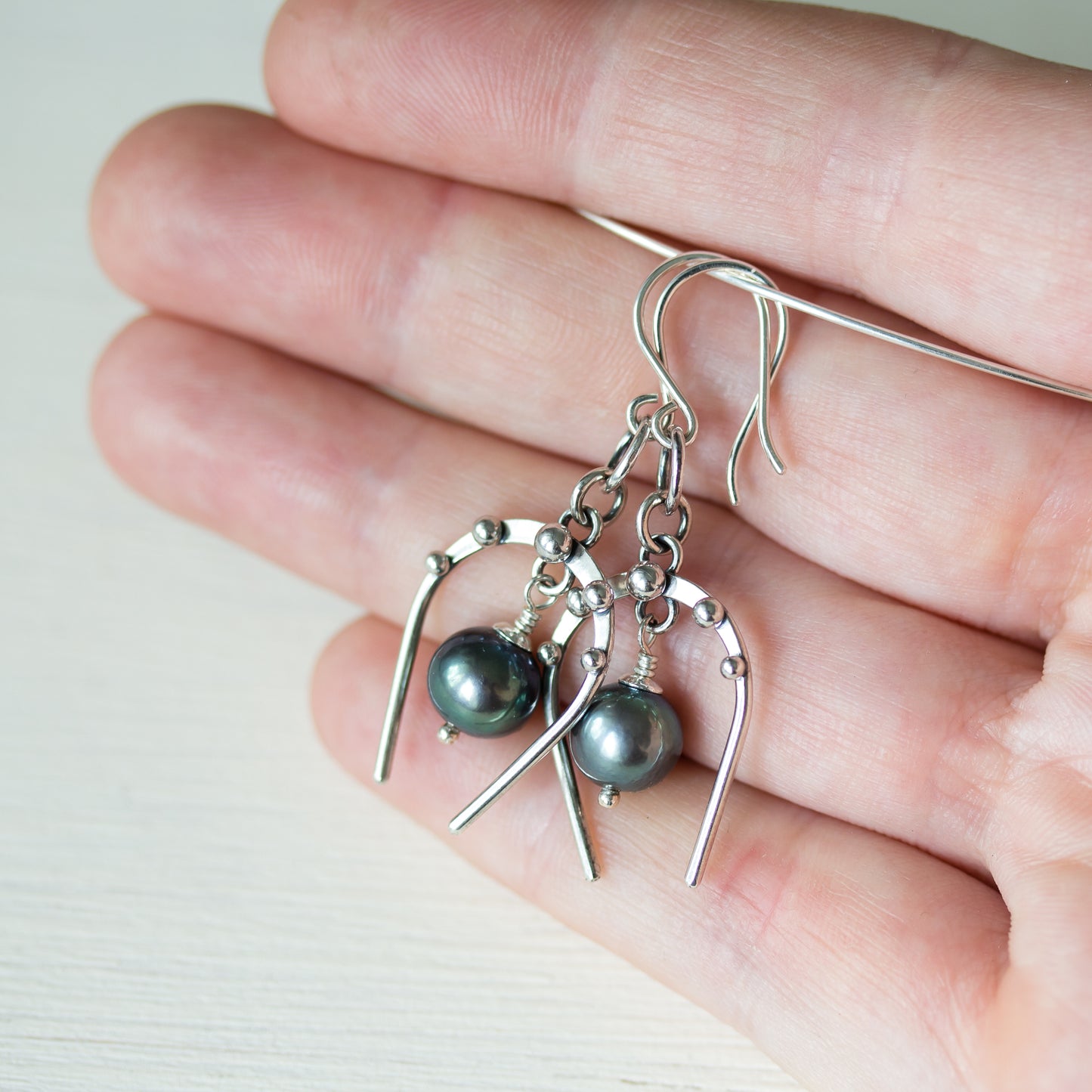 Lucky Horseshoe Earrings, oxidized sterling silver with black freshwater pearl - jewelry by CookOnStrike