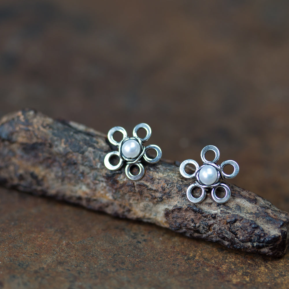 Tiny White Pearl Flower Stud Earrings - jewelry by CookOnStrike