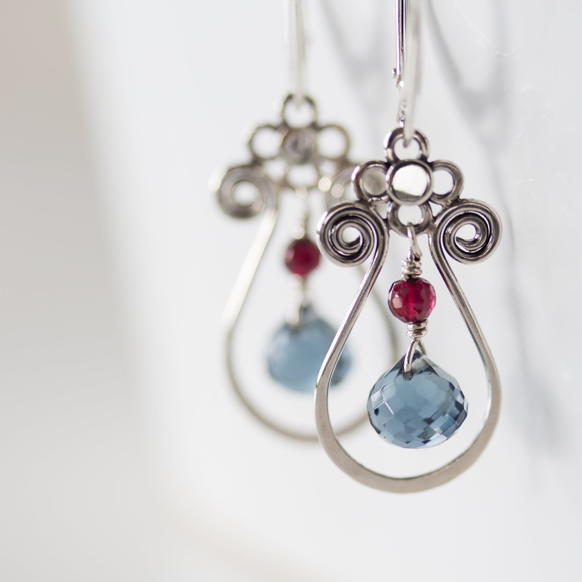 Blue and Red Gemstone Leverback Earrings, 925 sterling silver - jewelry by CookOnStrike