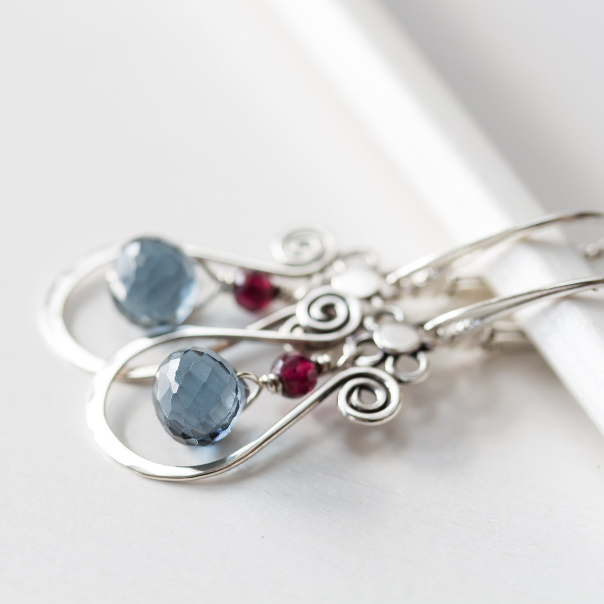 Blue and Red Gemstone Leverback Earrings, 925 sterling silver - jewelry by CookOnStrike