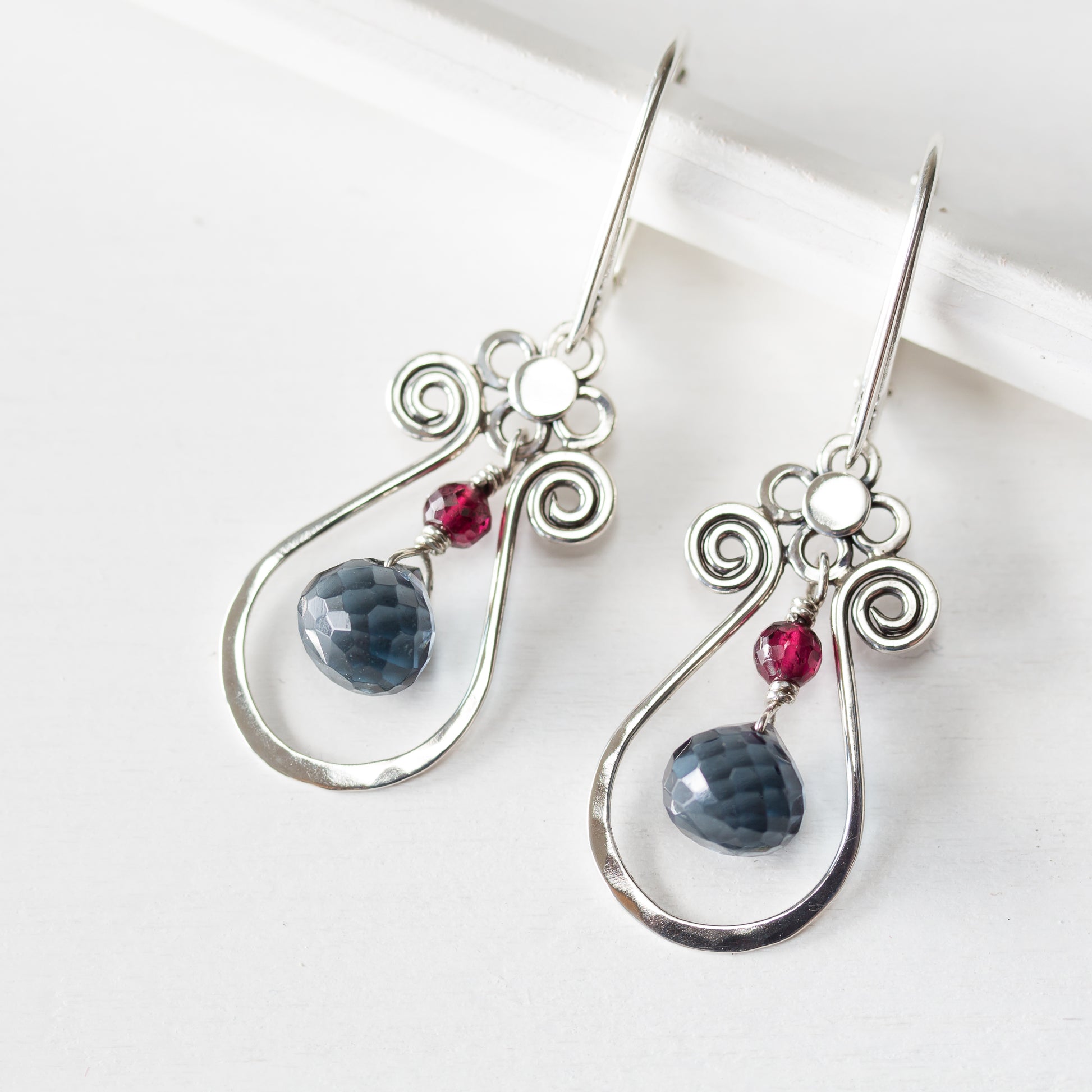 Blue and Red Gemstone Leverback Earrings, 925 sterling silver - jewelry by CookOnStrike
