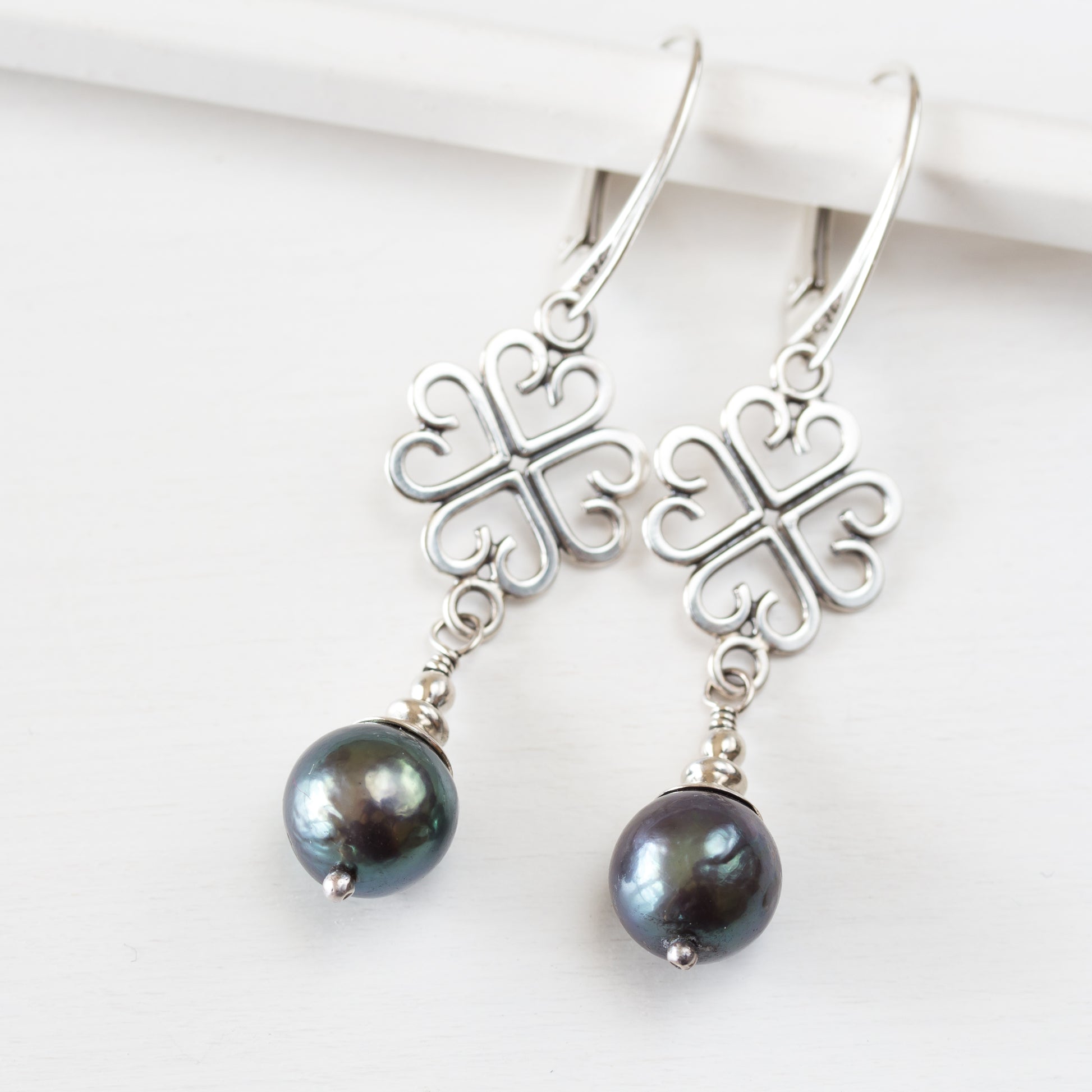 Elegant Four Leaf Clover Earrings with Black Pearl Drop - jewelry by CookOnStrike