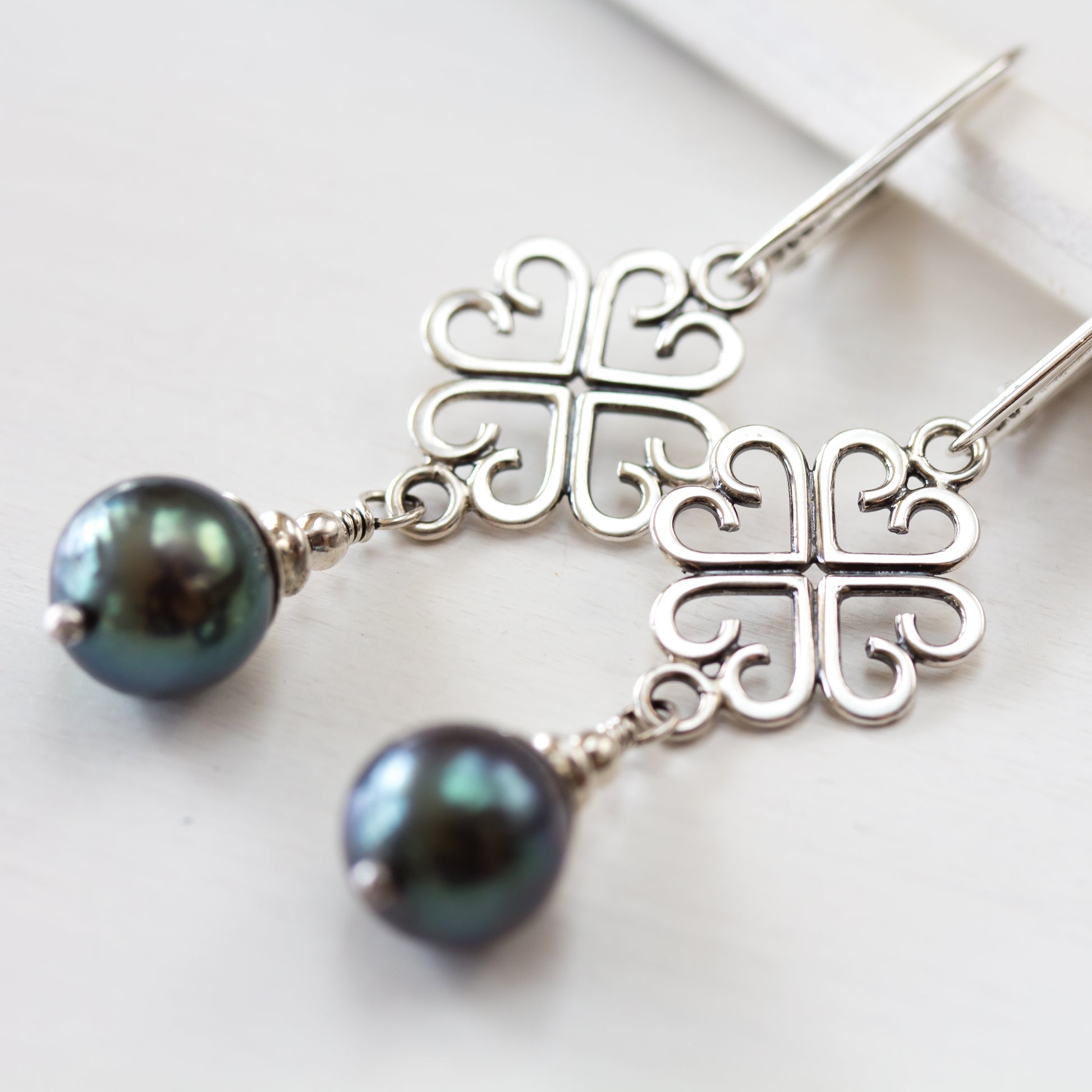 Elegant Four Leaf Clover Earrings with Black Pearl Drop - jewelry by CookOnStrike