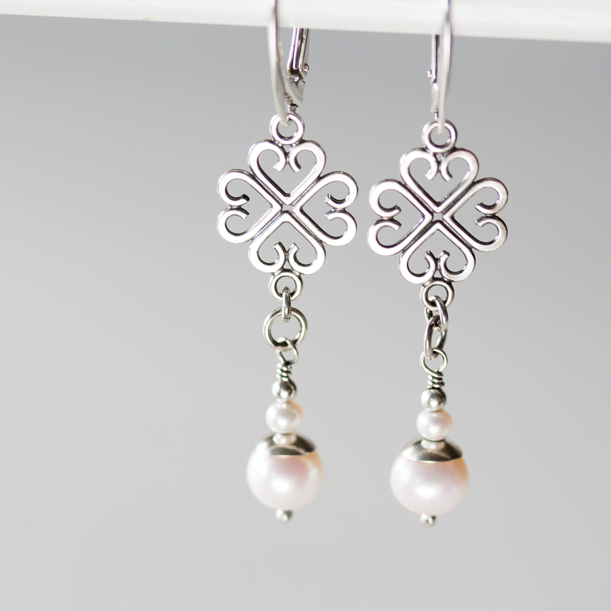 Long Elegant Pearl Earrings, Four Leaf Clover and White Pearl